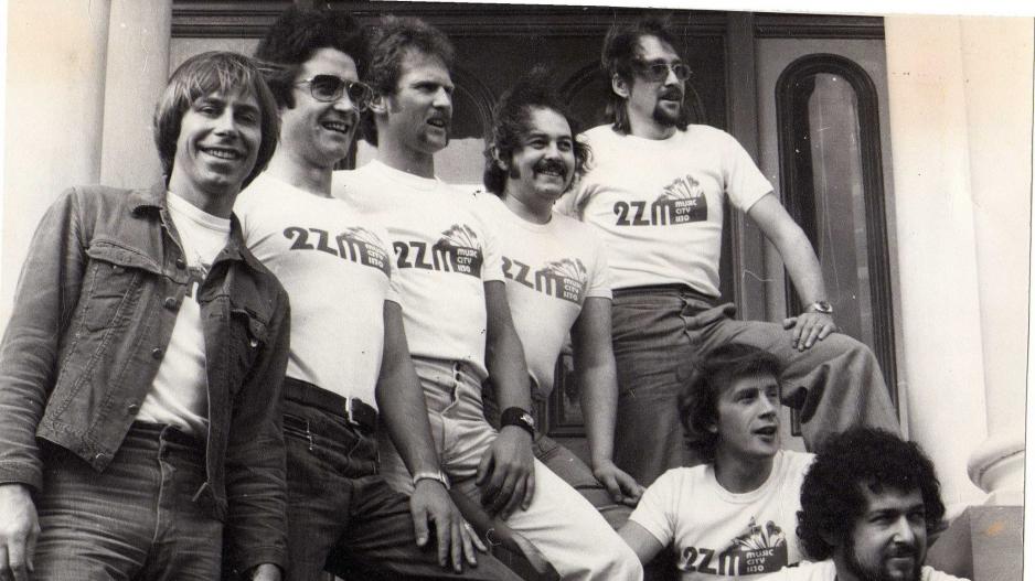 Mike Dee 4th from top left at 2ZM in 1976